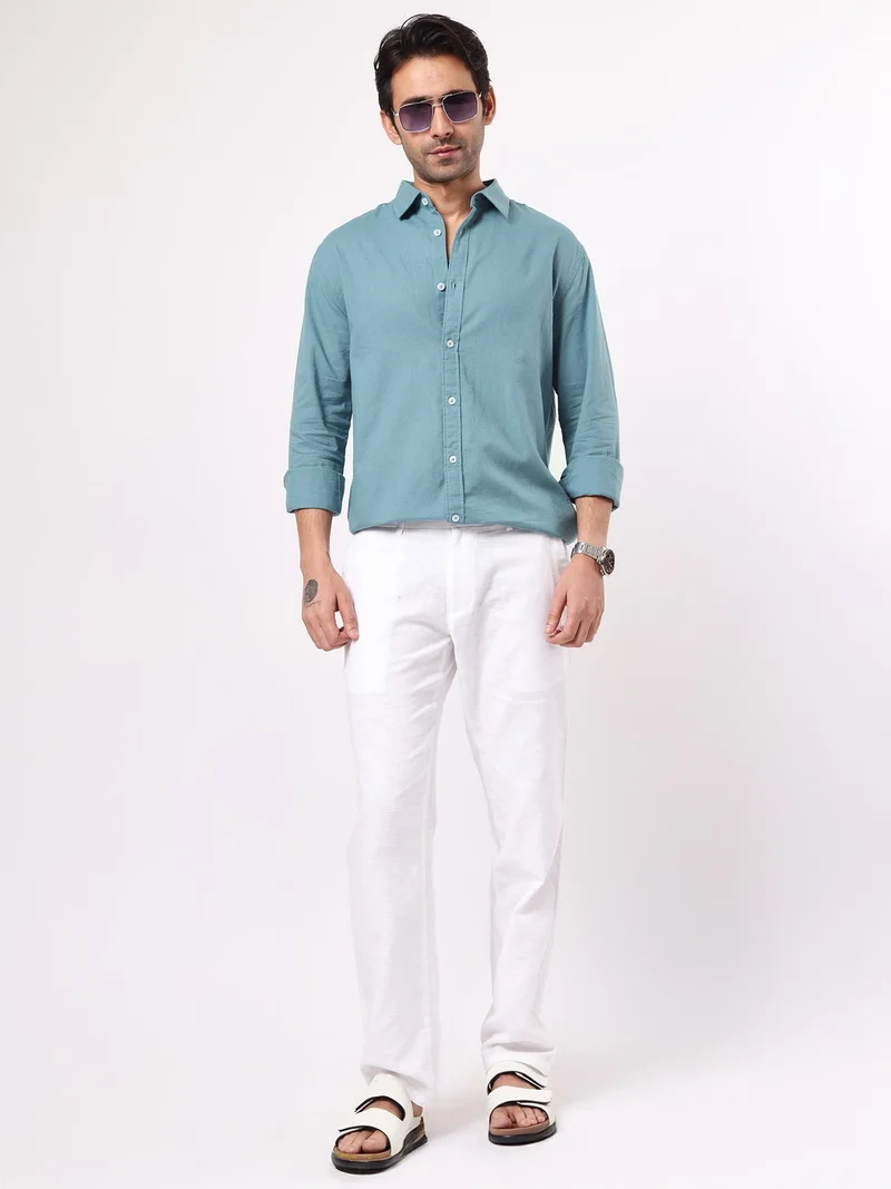 Maniac  Maniac Solid Mens Collared Neck Full Sleeve Cotton Linen Teal Blue Shirt for Men | Best Price UAE