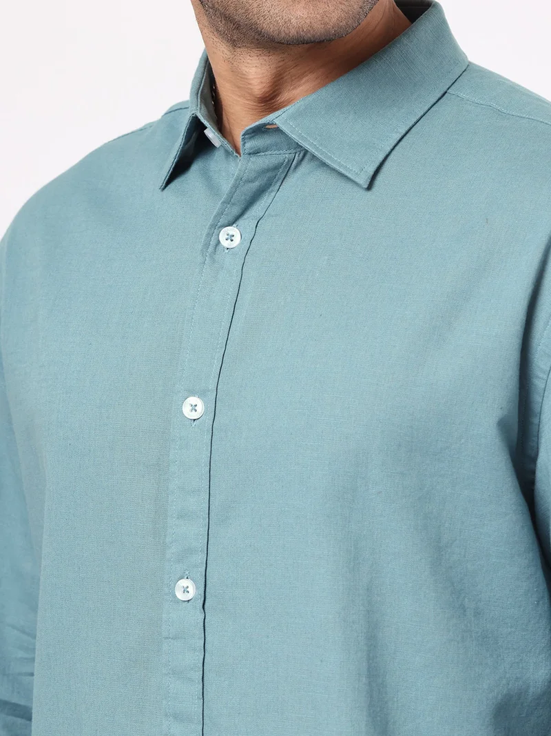 Maniac  Maniac Solid Mens Collared Neck Full Sleeve Cotton Linen Teal Blue Shirt for Men | Best Price UAE