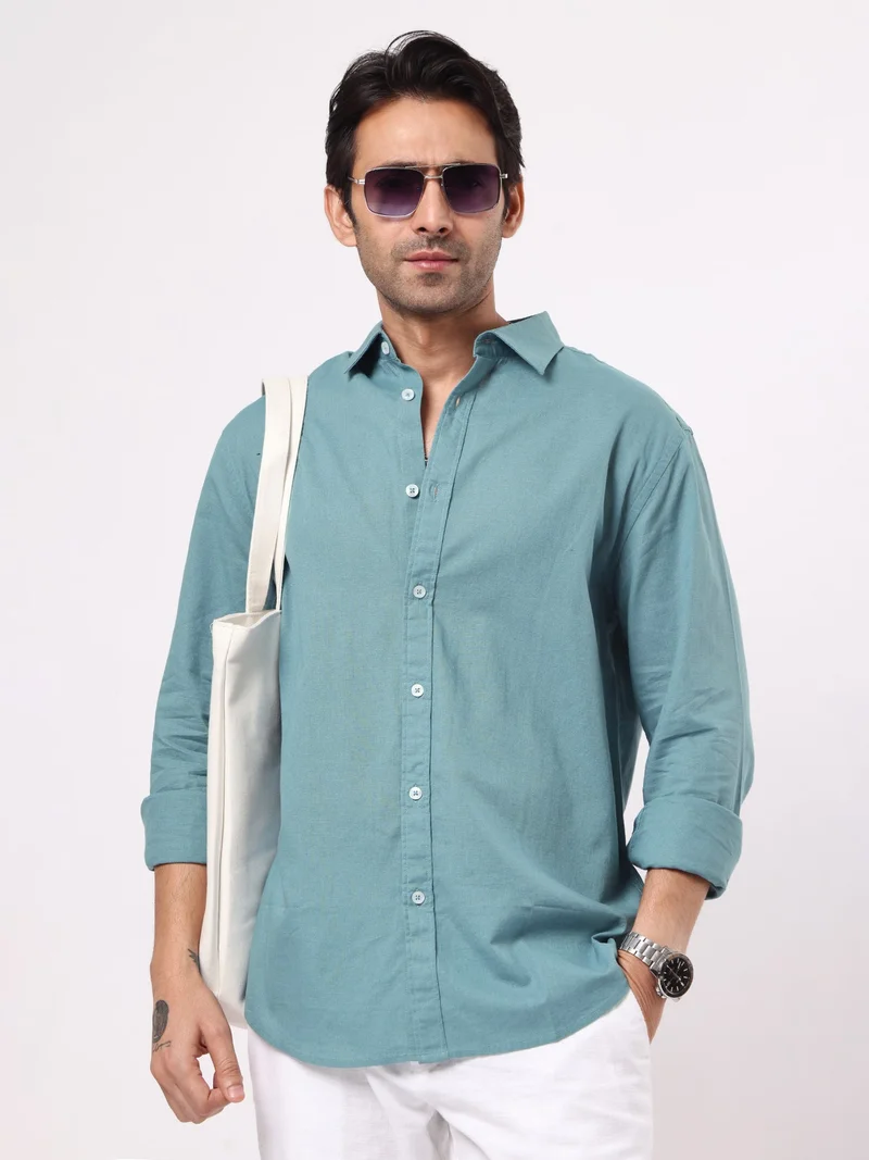 مانياك Maniac Solid Mens Collared Neck Full Sleeve Cotton Linen Teal Blue Shirt