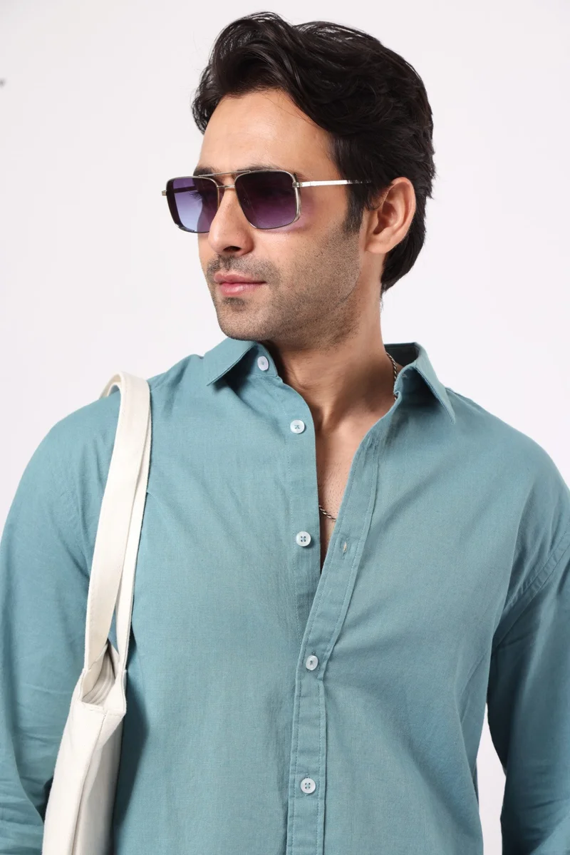 مانياك Maniac Solid Mens Collared Neck Full Sleeve Cotton Linen Teal Blue Shirt