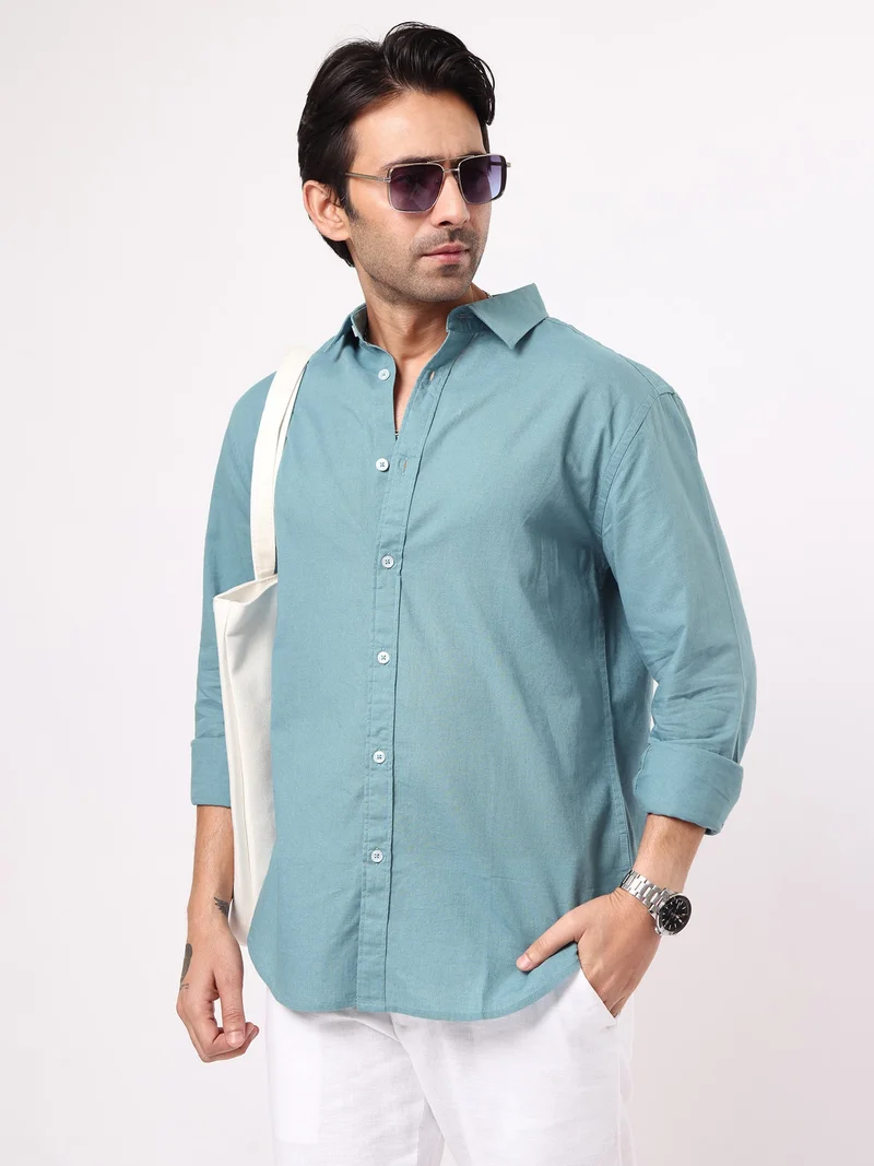 Maniac  Maniac Solid Mens Collared Neck Full Sleeve Cotton Linen Teal Blue Shirt for Men | Best Price UAE