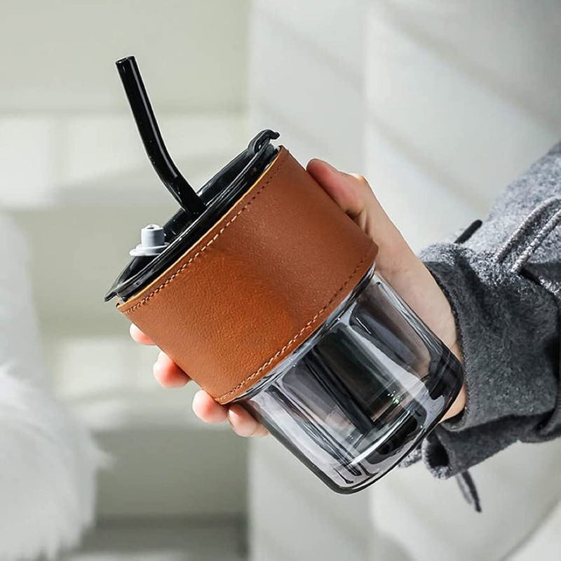 FOMQUAZLI Glass Tumbler with Lid and Glass Straw Coffee Tea Milk Mug for Home Office and Traveling Espresso Chocolate Beverage Mocha Cappuccino Shake Juice Mug Black 400MLLeather Sleeve - Image 1