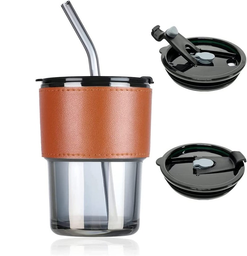 FOMQUAZLI Glass Tumbler with Lid and Glass Straw Coffee Tea Milk Mug for Home Office and Traveling Espresso Chocolate Beverage Mocha Cappuccino Shake Juice Mug Black 400MLLeather Sleeve - Image 4