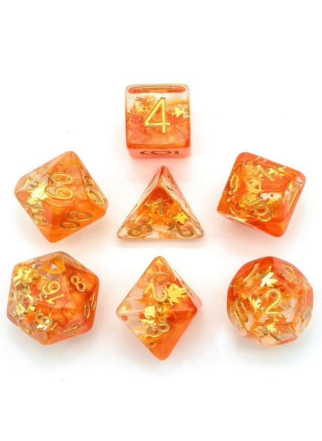 cusdie Cusdie 7-Piece Dice Set - Resin DND Dice with Yellow Leaf-Shaped Gold Foil Design, Perfect for Board Game Enthusiasts, Gifts, and Collectors(Fall Dice)  - Image 3