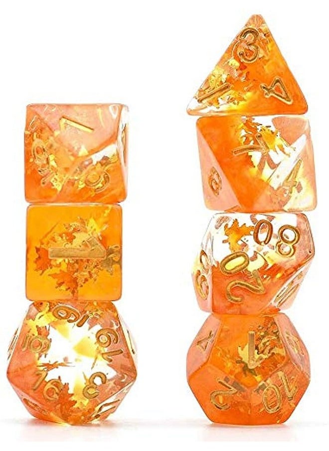 cusdie Cusdie 7-Piece Dice Set - Resin DND Dice with Yellow Leaf-Shaped Gold Foil Design, Perfect for Board Game Enthusiasts, Gifts, and Collectors(Fall Dice)  - Image 1