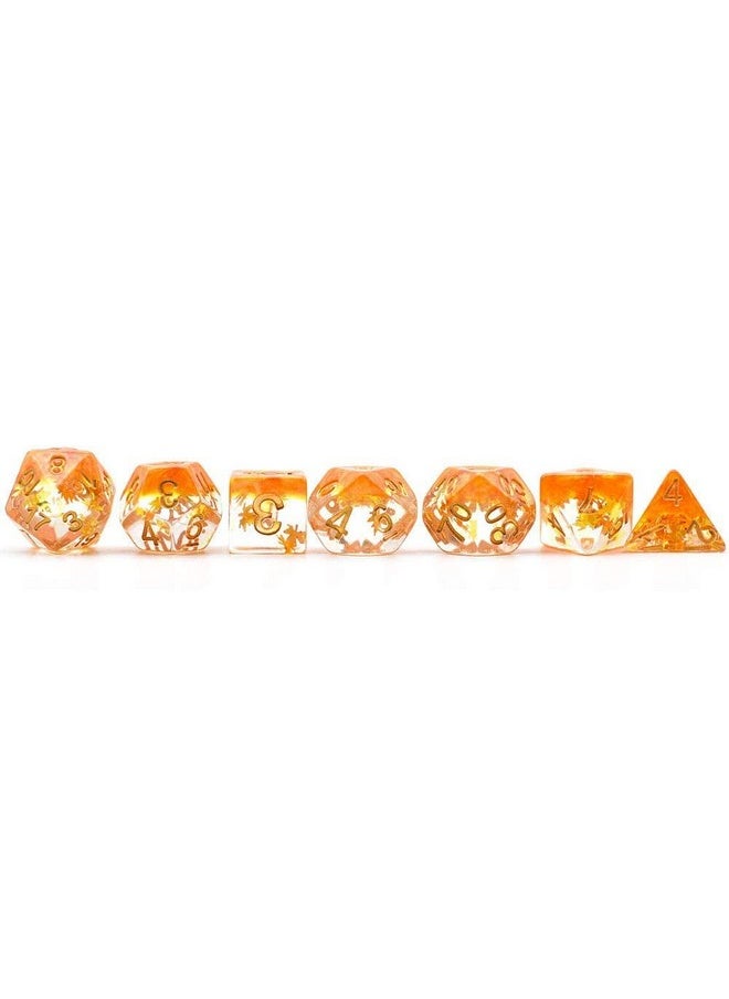 cusdie Cusdie 7-Piece Dice Set - Resin DND Dice with Yellow Leaf-Shaped Gold Foil Design, Perfect for Board Game Enthusiasts, Gifts, and Collectors(Fall Dice)  - Image 4