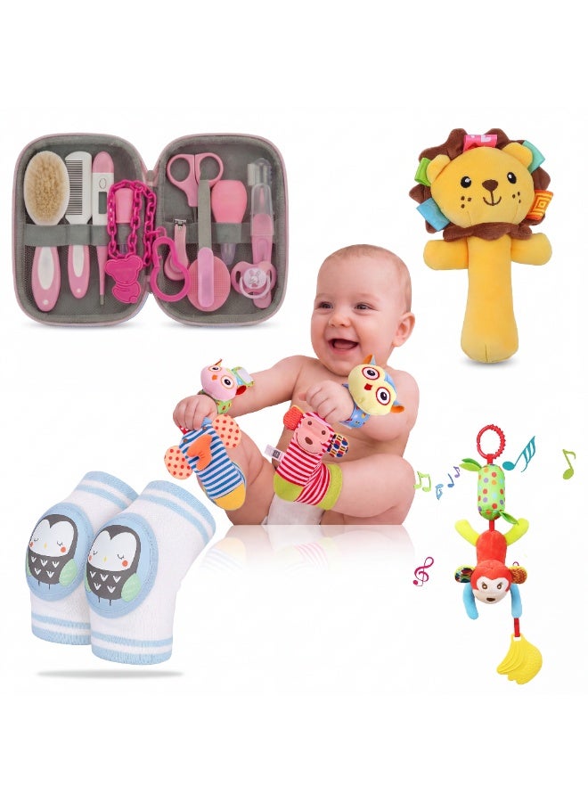 13-Piece Chicco Grooming Kit, Soft Lion Rattle, Stroller Toy, Wrist Rattles & Socks, and Baby Crawling Knee Pads Bundle