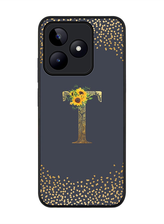 Stylizedd Rugged Black edge case for Realme C51 / Realme Note 50 4G,Custom Monogram Initial Letter Floral Pattern Alphabet - T (Grey) - Image 1