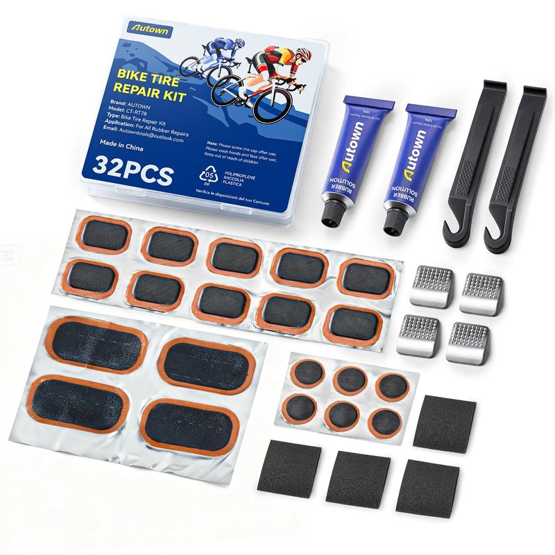 AUTOWN Bike Tire Repair Kit, 32PCS Bicycle Inner Tube Patch Kit with Patches, Tire Levers, Rubber Repair Sealants and Portable Case for Bikes, Motorcycles & Inflatable Tubes - Image 1