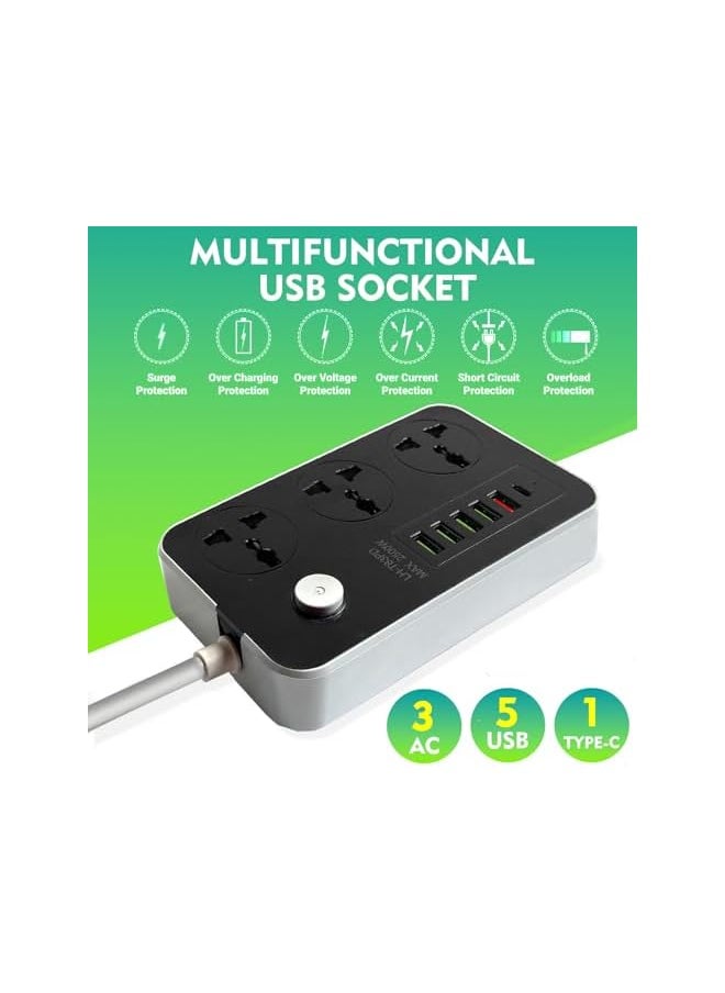PROMASS promass Power Strips Extension Cord 3 Outlets, Power Socket with 5 USB & 1 Type-C Ports Universal Charging Socket with 2M Bold Extension Cord  - Image 2
