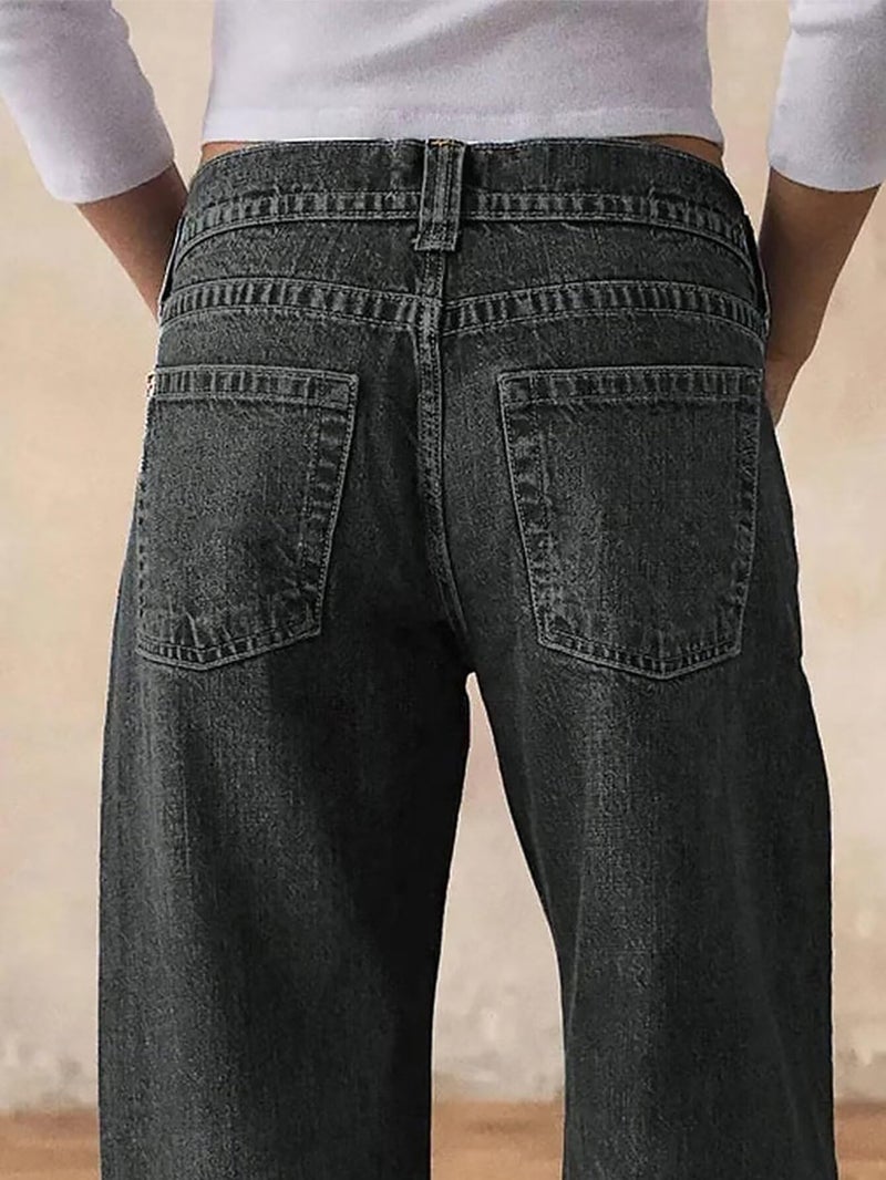Flamingals Wide Leg Jeans for Women Mid Waist Baggy Stitch Decor Denim Washed Pants Without Belt Black Wash M - Image 4