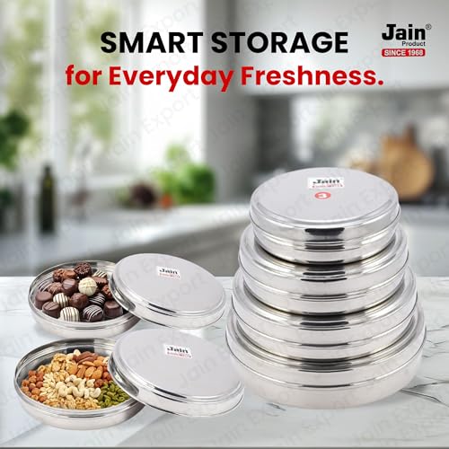 Jain Stainless Steel Sleek&Flat Multipurpose Container|Food Grade Chapathi Dabba|Chocolate Box|1 Pc|Dia - 17cm,750 ML Food Storage Box|Durable&Leakproof|Ideal for Chapathi&Snacks,Silver - Image 5