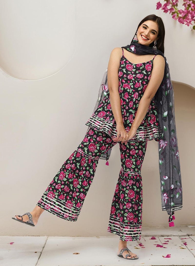 ISHIN Women's Black 100% Cotton Embellished Tunic Full Length Palazzo Straight Fit Kurta Set  - Image 1