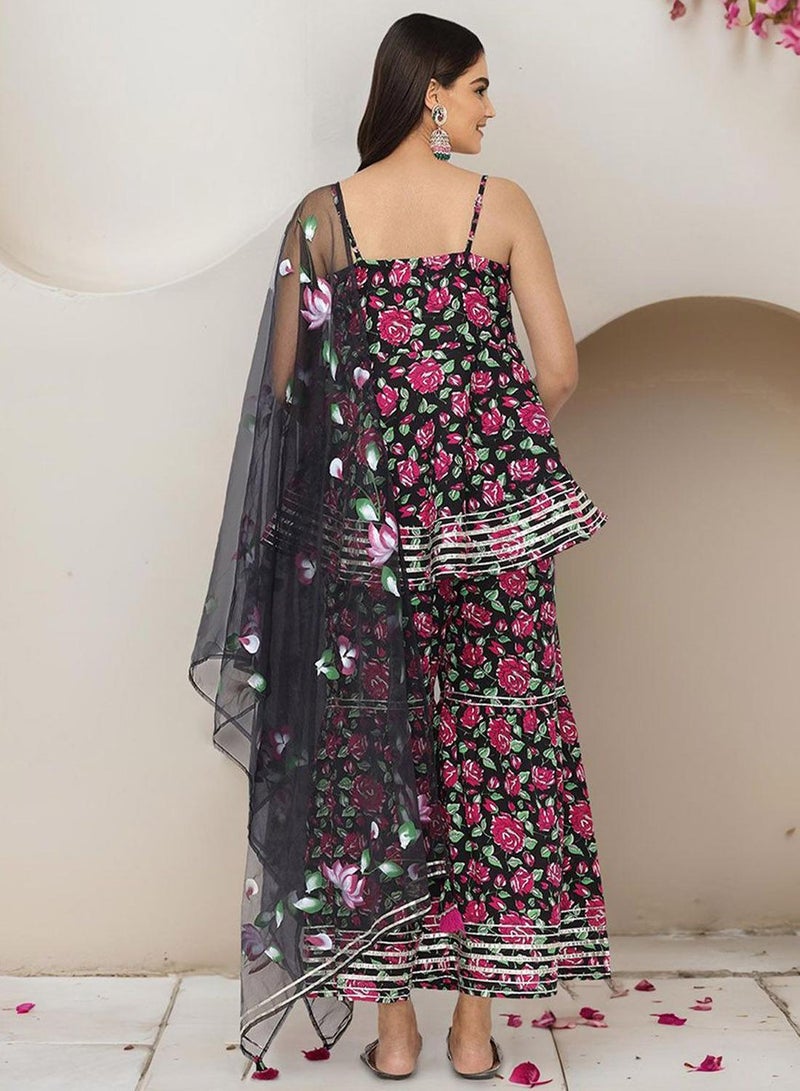 ISHIN Women's Black 100% Cotton Embellished Tunic Full Length Palazzo Straight Fit Kurta Set  - Image 5