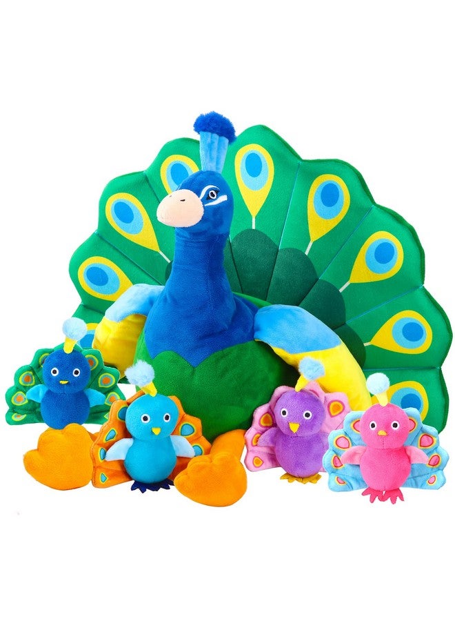 Skylety 18 Inches Plush Peacock Stuffed Animal Tummy Carrier With 4 Little Plush Peacock Inside Its Zippered Tummy Peacock Cuddly Toy Soft Toy Animals For Birthday Gifts Zoo Party Decor - Image 1