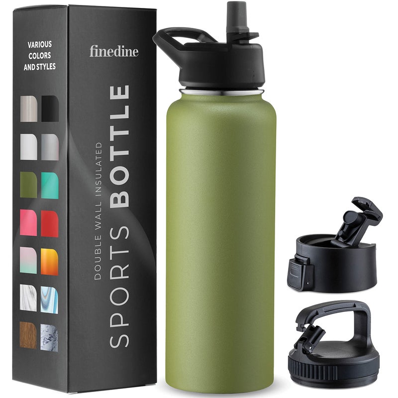 FINEDINE FineDine Water Bottle  Stainless Steel Insulated Water Bottle with Straw Lid Flip Lid  WideMouth Cap  Keeps Hot and Cold  40 Oz  118L  Army Green 