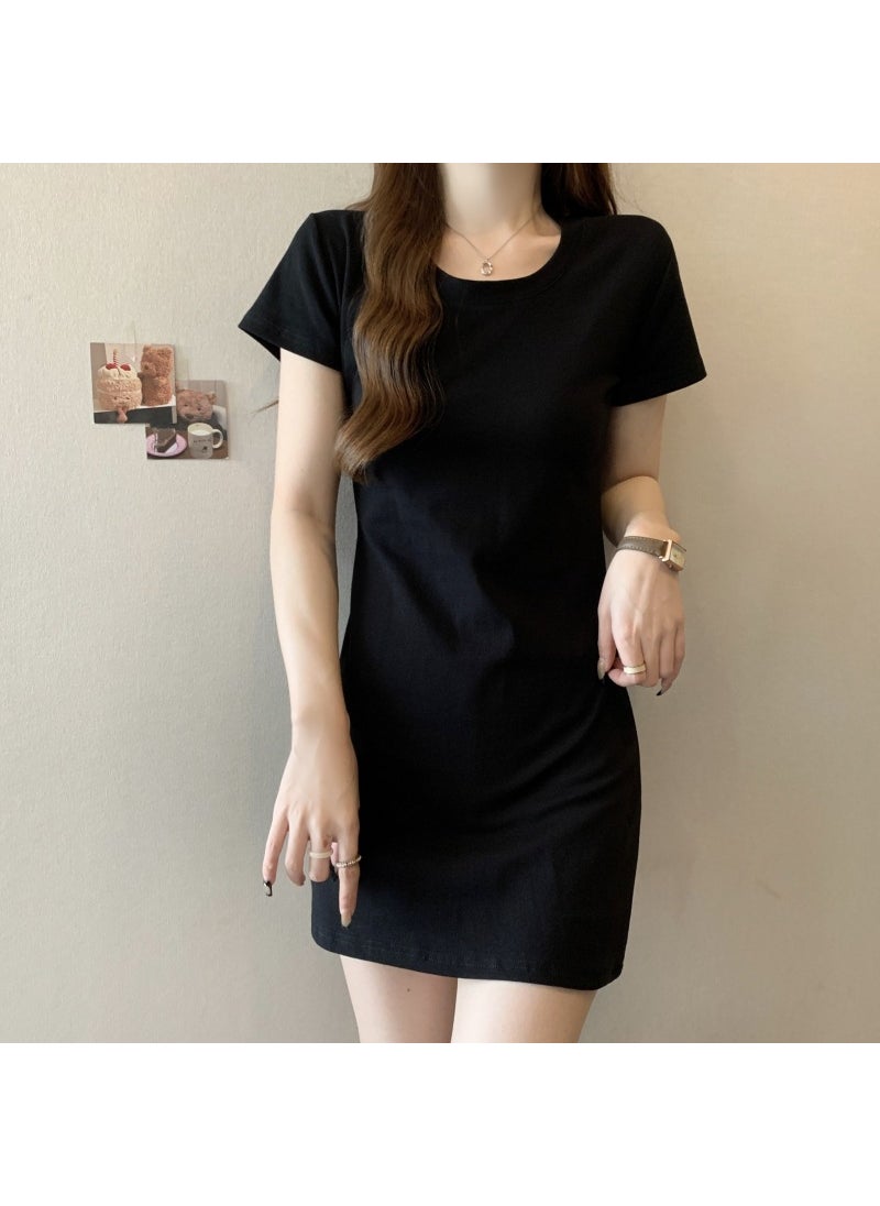 Generic Elegant Commuter Pure Cotton Short Dress Womens Short Sleeve round Neck Slimming Skirt Midi Dress Black Color Block Patchwork Dark gray  - Image 2