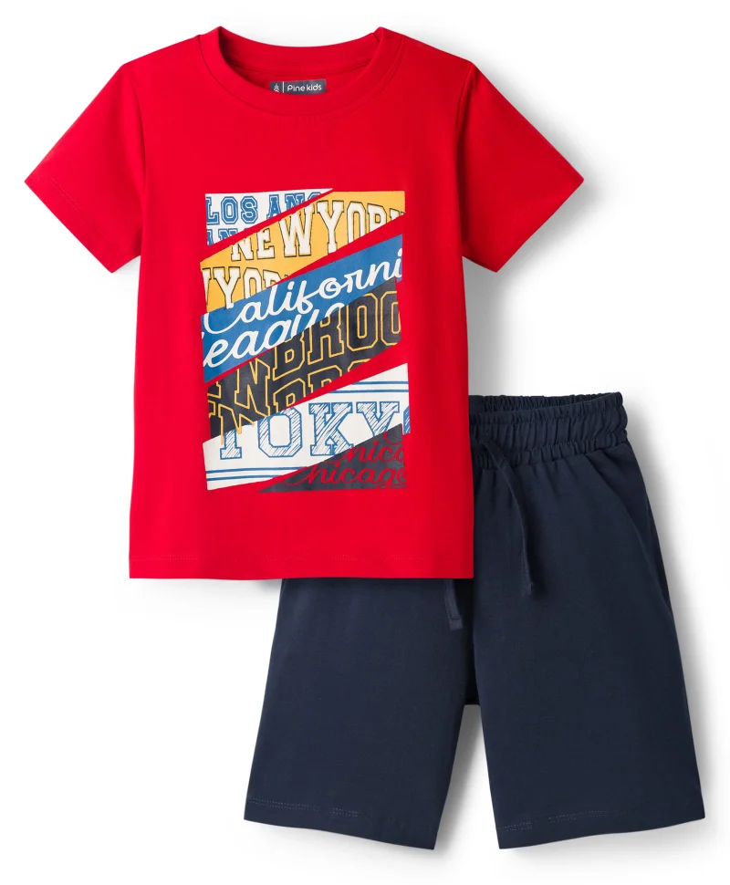 Pine Kids Pine Kids Single Jersey Knit Short Night Suit With Text Print - Red