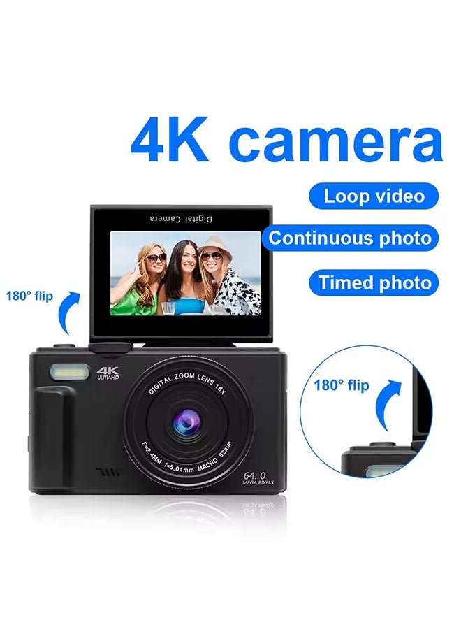 Generic - Compact Digital Photography Camera 4K 18x Digital Zoom Retro Vlog Video Recorder YouTube 180° Flip Screen Selfie with Flash with 64GB Memory Card - Image 1