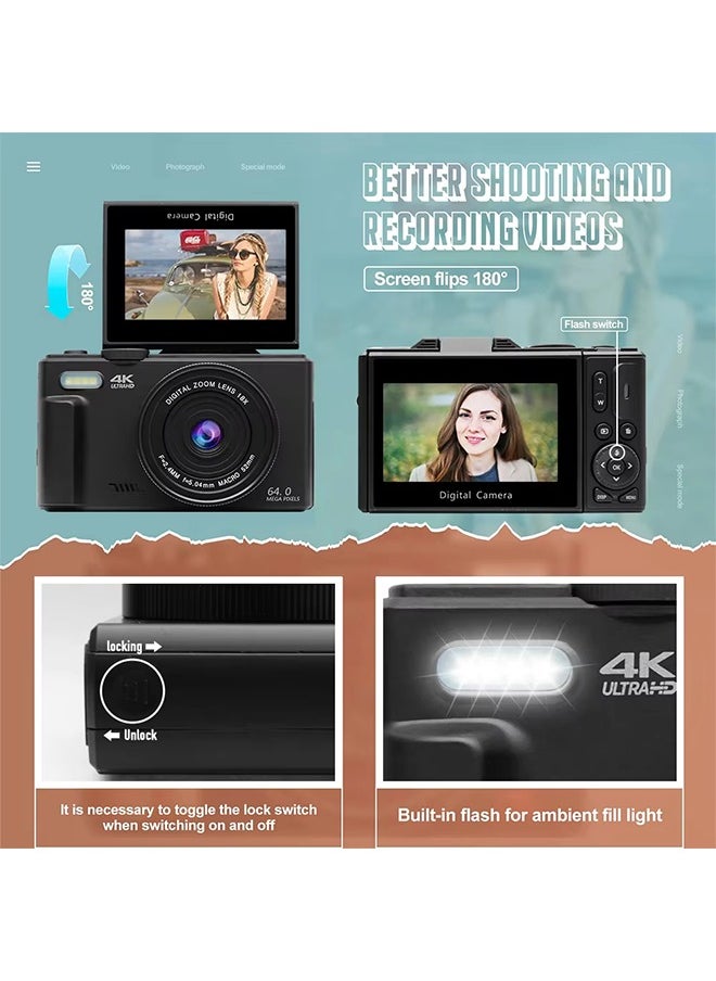 Generic - Compact Digital Photography Camera 4K 18x Digital Zoom Retro Vlog Video Recorder YouTube 180° Flip Screen Selfie with Flash with 64GB Memory Card - Image 1