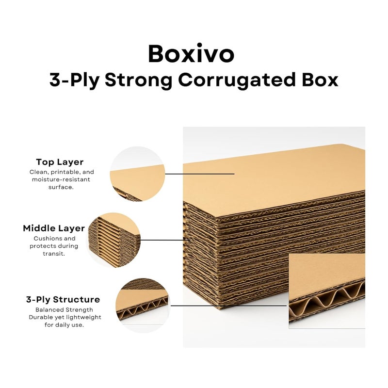 Boxivo 3 Ply Corrugated Cardboard Box Brown 4x4x4 Inch | Small Kraft Packaging Carton for Home, Office, Shipping, Storage, Gifting & E-commerce Parcel (Pack of 10) - Image 3