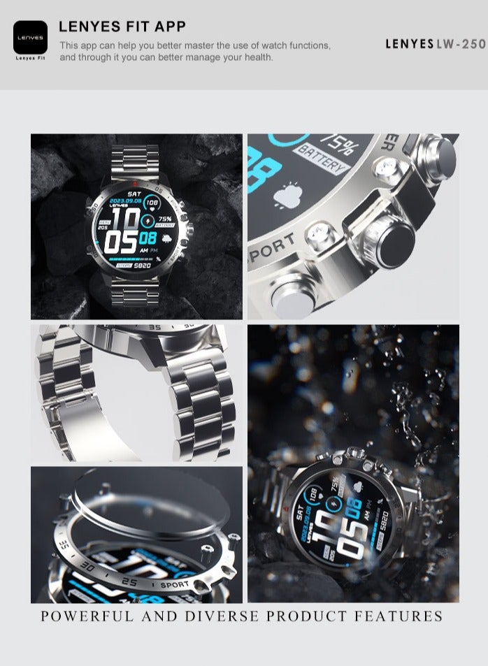 LENYES LW-250 Smart Watch , Business Smartwatch, lP68 Waterproof Fitness Watch, Bluetooth Calling, Compatible with Android and iOS, Smartwatch for Men, Zinc Alloy Vacuum Plating, Heart Rate Monitoring,Silver - Image 3