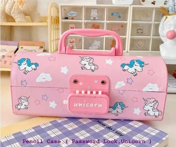 Rahasya Enterprise Pen & Pencil Box-Suitcase Style Password Lock Pencil Case,Multi-Layer Pencil Box for Kids, Boys, Girls, Stationary Organizer Case for Kids (Pink1 Unicorn Pen & Pencil Box) - Image 3