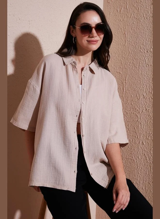 ليلا قميص نسائي بأكمام قصيرة وفتحة جانبية من قطن ليلا