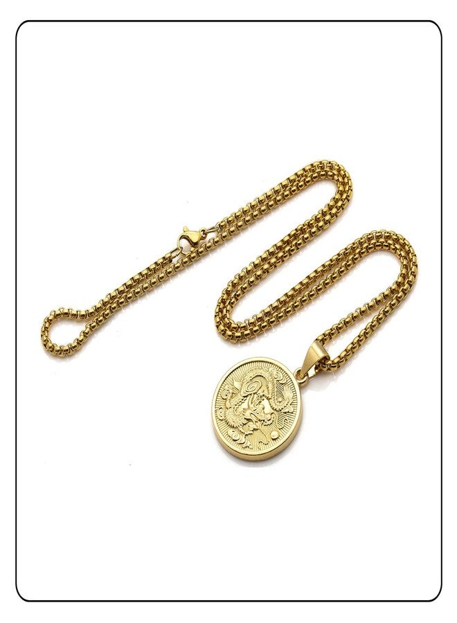 Fusamk Hip Hop 18K Gold Plated Dragon Round Tag Pendant Animal Necklace,22" Box Chain(Gold) - Image 5