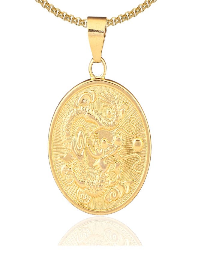 Fusamk Hip Hop 18K Gold Plated Dragon Round Tag Pendant Animal Necklace,22" Box Chain(Gold) - Image 1