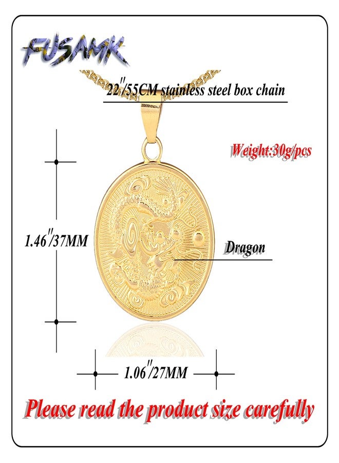 Fusamk Hip Hop 18K Gold Plated Dragon Round Tag Pendant Animal Necklace,22" Box Chain(Gold) - Image 2