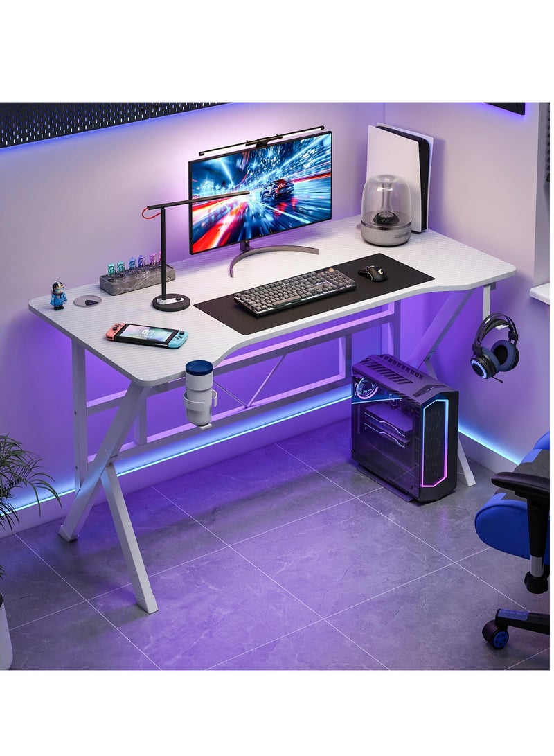 ZUIHAO K-Shaped Gaming Desk Carbon Fiber Surface Office Desk with 2 Cable Holes Study Desk with Cup Holder for Gamers (White)  - Image 1