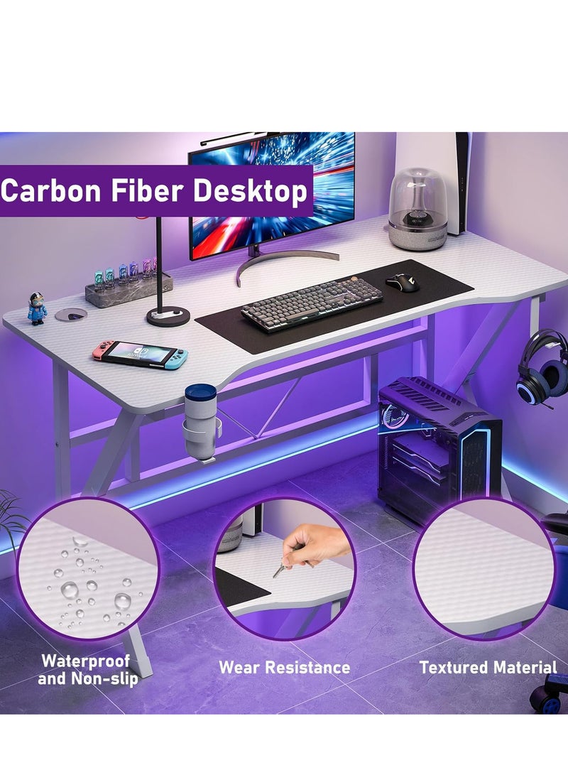 ZUIHAO K-Shaped Gaming Desk Carbon Fiber Surface Office Desk with 2 Cable Holes Study Desk with Cup Holder for Gamers (White)  - Image 4