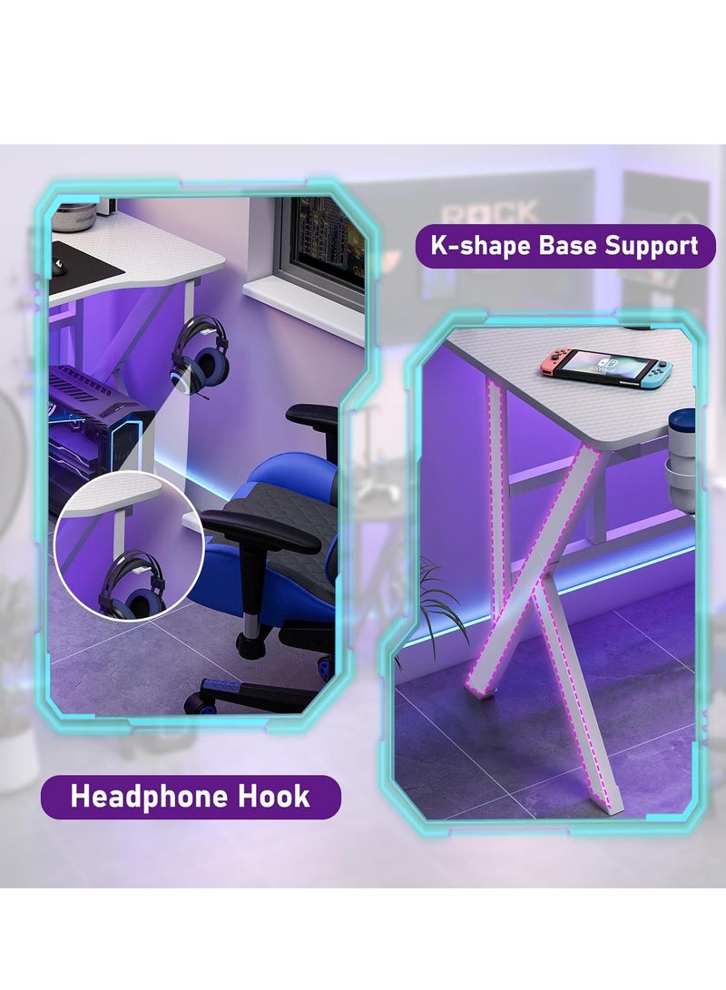 ZUIHAO K-Shaped Gaming Desk Carbon Fiber Surface Office Desk with 2 Cable Holes Study Desk with Cup Holder for Gamers (White)  - Image 5