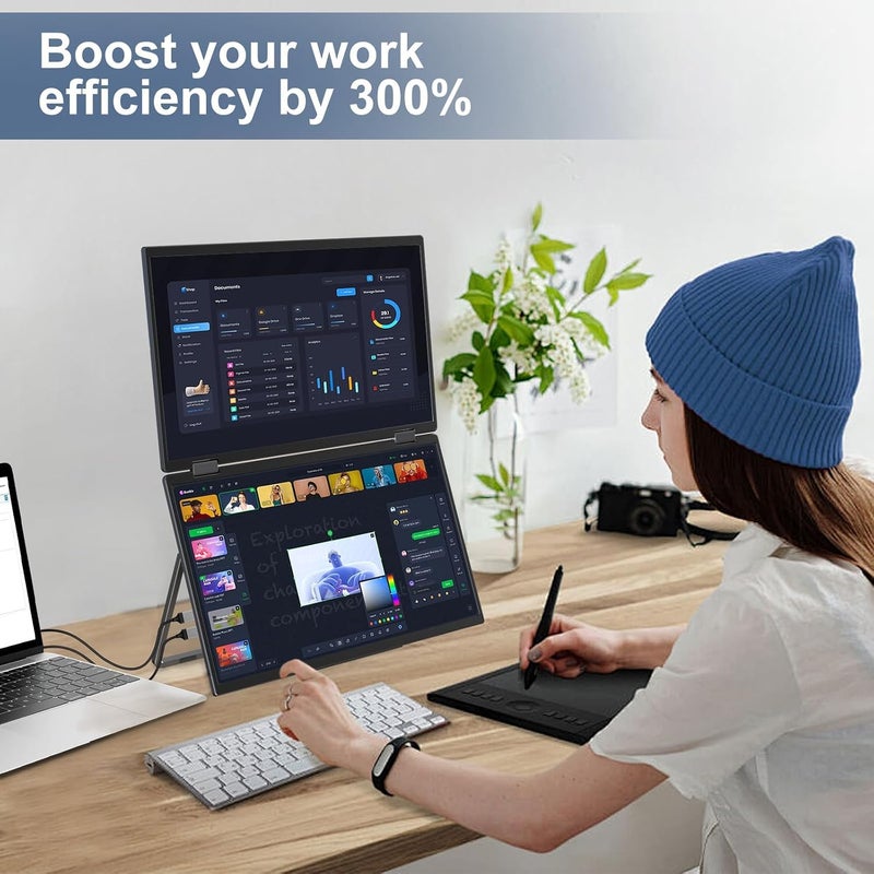 InnoView 15.6" FHD IPS Black Dual Portable Monitor,315° Rotatable,USB-C/HDMI,Built-in Speakers,Foldable,Laptop Screen Extender for Triple Display (Mac/Windows) - Image 2