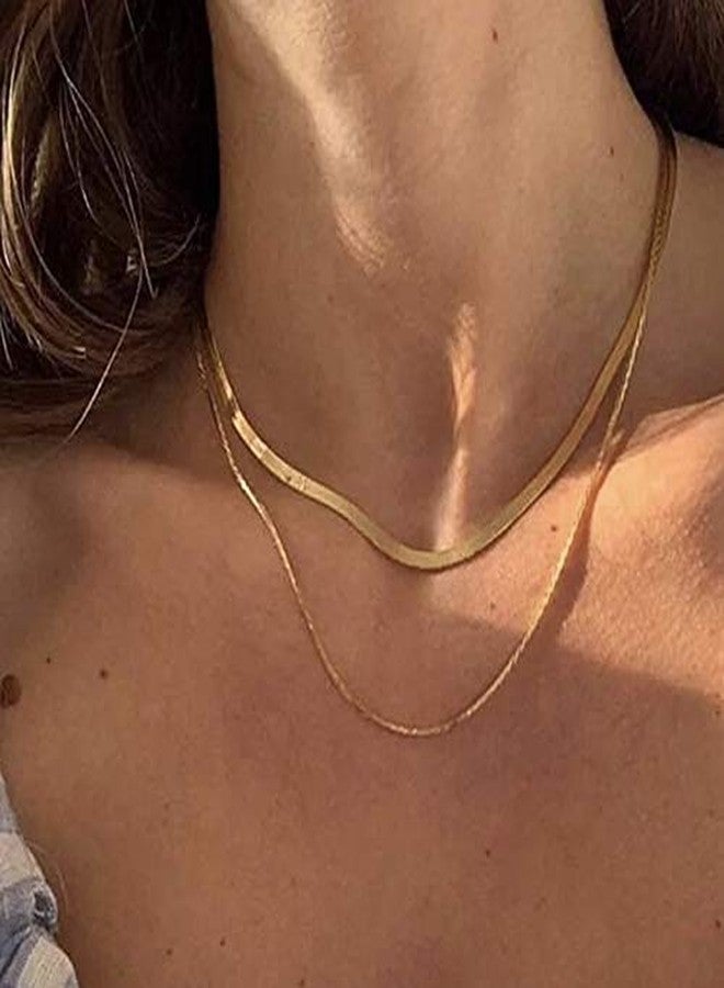 Shapes Studio 18K Gold Plated Double Herringbone Chain Necklace, Minimalist Jewelry, Stacking Necklaces, Gold Snake Chain Layering Necklace - Image 3