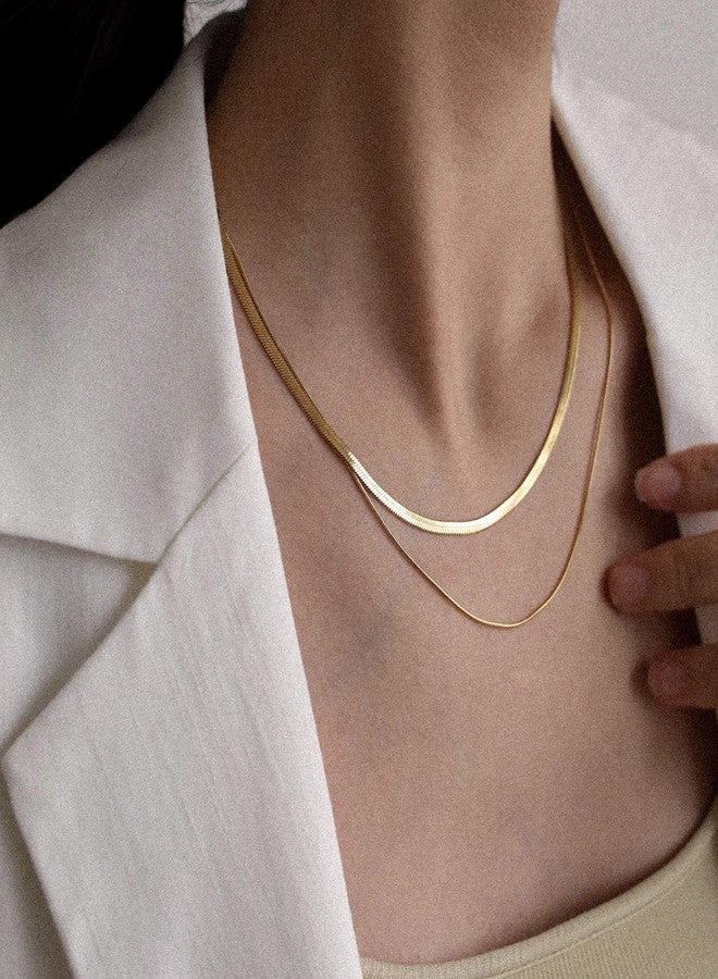 Shapes Studio 18K Gold Plated Double Herringbone Chain Necklace, Minimalist Jewelry, Stacking Necklaces, Gold Snake Chain Layering Necklace - Image 4