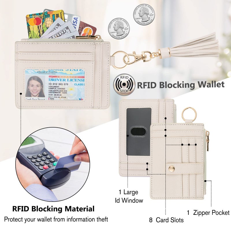 KNGITRYI Wallet Keychain Wristlet for Women,Slim RFID Credit Card Holder Purse Tassel Keychain Bangle Key Ring for Men Women(Beige) - Image 3