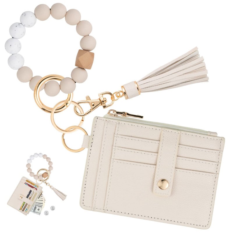KNGITRYI Wallet Keychain Wristlet for Women,Slim RFID Credit Card Holder Purse Tassel Keychain Bangle Key Ring for Men Women(Beige) - Image 1