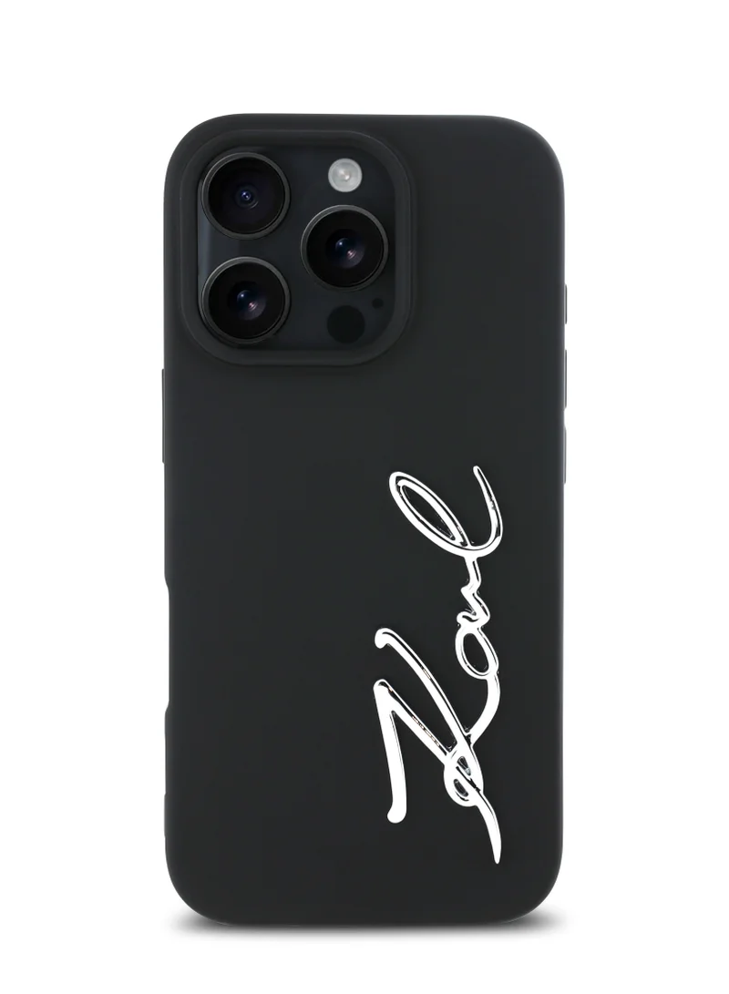 كارل لاغرفيلد جراب سيليكون لهاتف iPhone 16 Pro Max مع شعار معدني / غطاء خلفي للحماية من السقوط / سهل التركيب / قبضة مريحة - أسود
