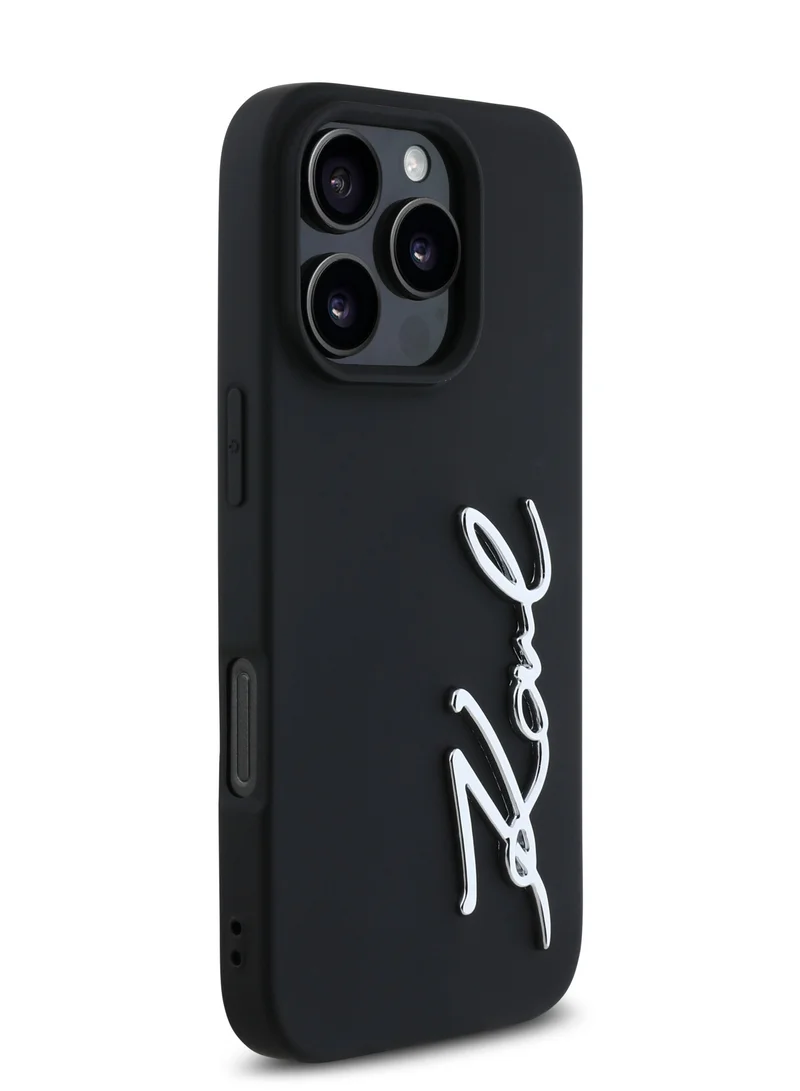 كارل لاغرفيلد جراب سيليكون لهاتف iPhone 16 Pro Max مع شعار معدني / غطاء خلفي للحماية من السقوط / سهل التركيب / قبضة مريحة - أسود