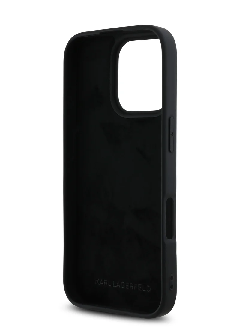 كارل لاغرفيلد جراب سيليكون لهاتف iPhone 16 Pro Max مع شعار معدني / غطاء خلفي للحماية من السقوط / سهل التركيب / قبضة مريحة - أسود