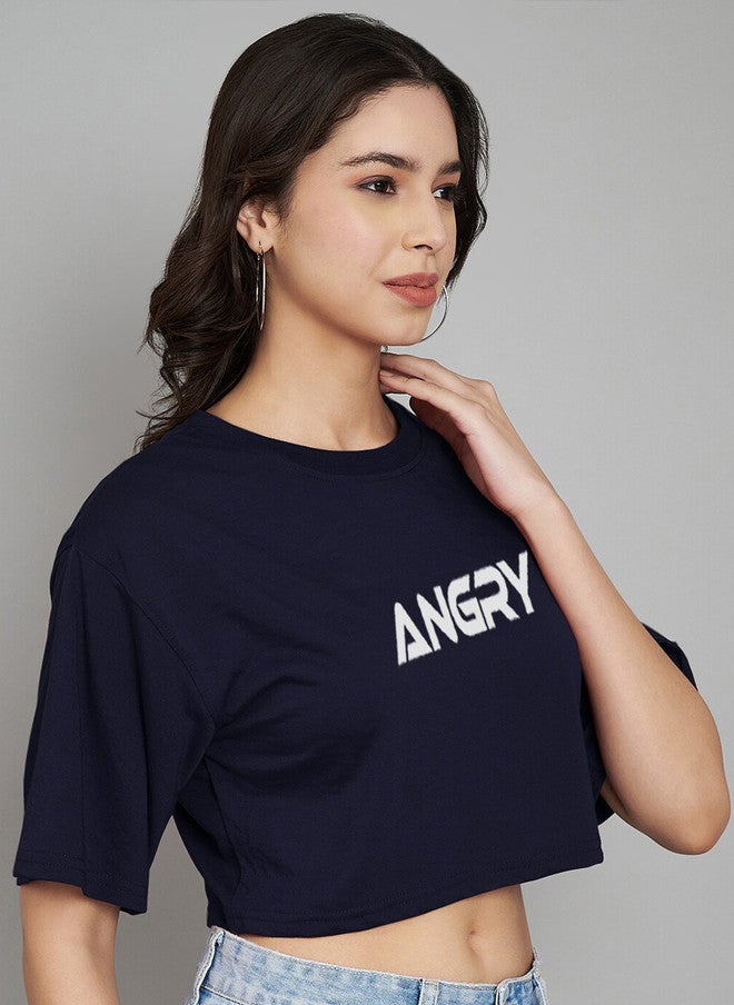 TREND LEVEL Navy Blue Typography Printed Crop Boxy T-shirt for Women - Image 3