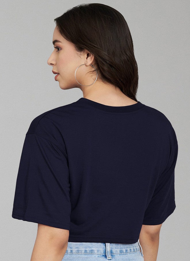 TREND LEVEL Navy Blue Typography Printed Crop Boxy T-shirt for Women - Image 5