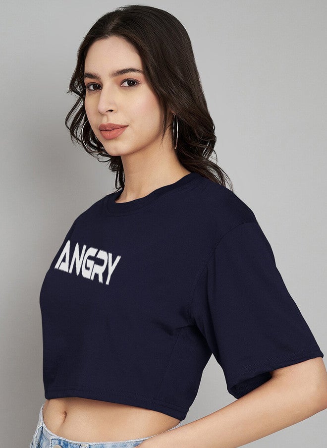 TREND LEVEL Navy Blue Typography Printed Crop Boxy T-shirt for Women - Image 4
