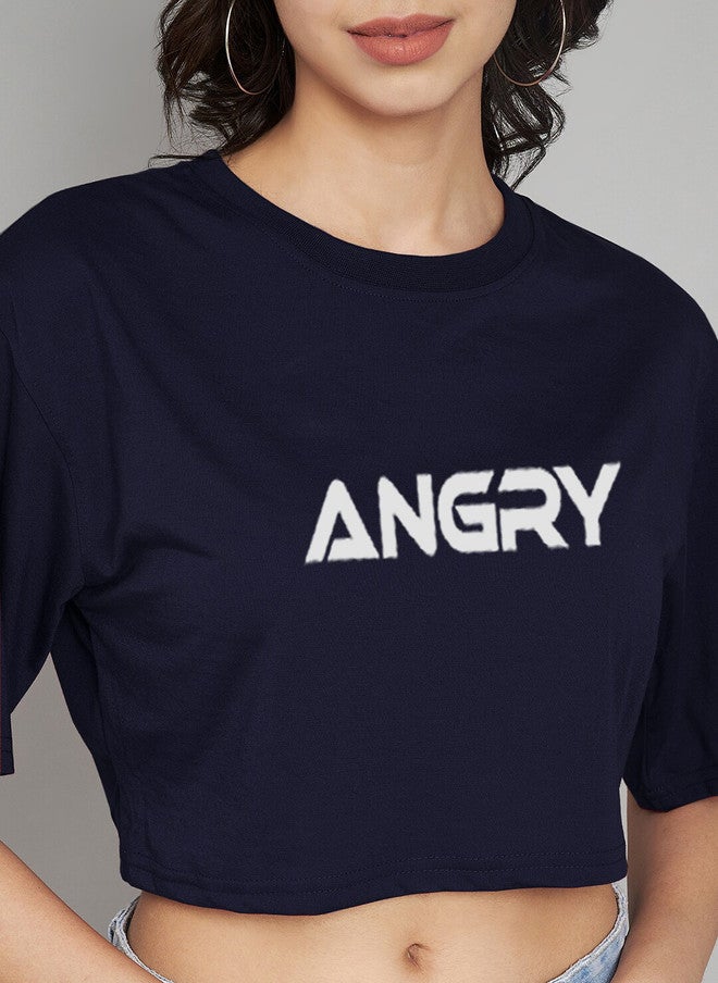TREND LEVEL Navy Blue Typography Printed Crop Boxy T-shirt for Women - Image 2