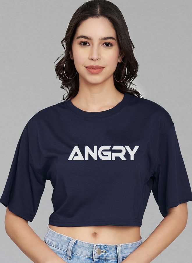 TREND LEVEL Navy Blue Typography Printed Crop Boxy T-shirt for Women - Image 1