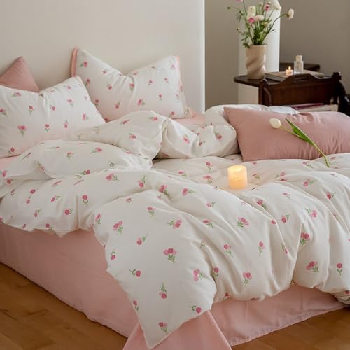 Erwinmu Floral Comforter Set Queen Size 3 Pieces Pink White Floral Comforter Bedding Sets Tulips PatternQueen Bed in a Bag with Heart Comforter and 2 Pillowcases - Image 1