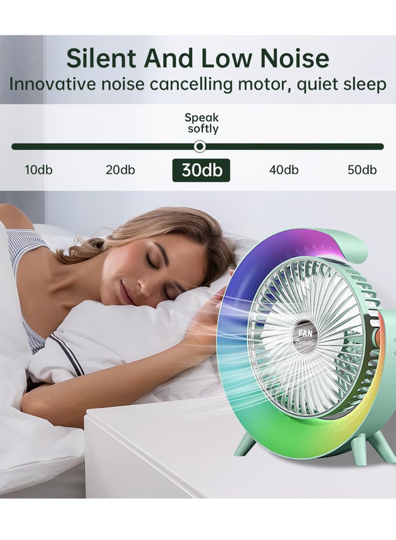 DIGI CORE Desk Fan USB Desk Fan Silent Powerful, Desk Fans with LED Light, 3 Speeds Quiet Cooling & 180° Rotation, 4000 mAh Battery Rechargeable Colorful Table Fan For Bedroom Home Office, Green - Image 3