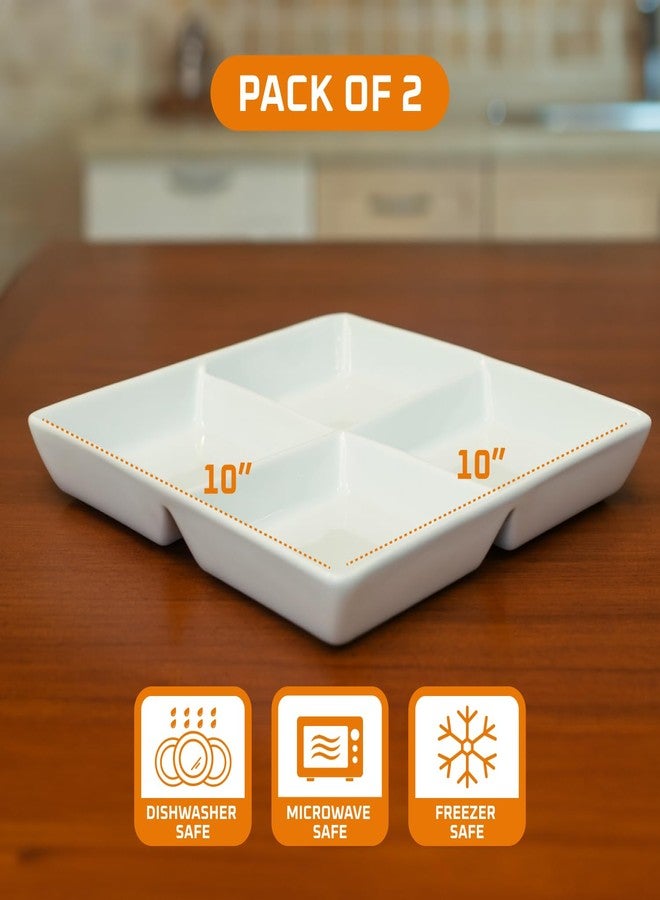 Bruntmor Set of 2 Dinner Serving Tray Dish - 10 x 10 Inch White Ceramic Serving Platter with 4 Compartments - Durable, Decorative Appetizer and Snack Tray for Brunch, Parties, and Dinner Table Display - Image 3